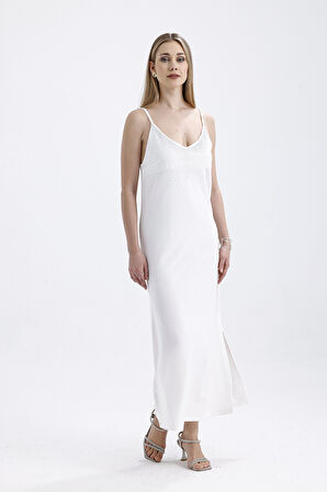 Taş Detaylı Uzun Askılı Elbise | ELB34521 Ekru