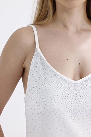 Taş Detaylı Uzun Askılı Elbise | ELB34521 Ekru