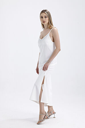 Taş Detaylı Uzun Askılı Elbise | ELB34521 Ekru