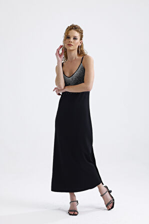 Taş Detaylı Uzun Askılı Elbise | ELB34521 Siyah