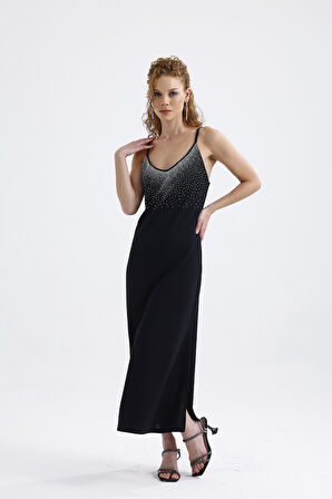 Taş Detaylı Uzun Askılı Elbise | ELB34521 Siyah