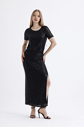 Beli Lastikli İçi Astarlı Payetli Abiye Etek | ETK35405 Siyah