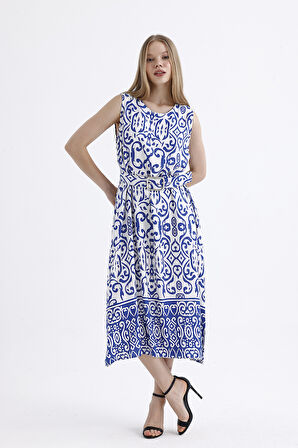 Kemer Detaylı Uzun Empirme  Viskon Jile Elbise | Elb35653 Mavi Ekru