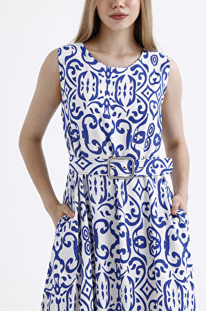 Kemer Detaylı Uzun Empirme  Viskon Jile Elbise | Elb35653 Mavi Ekru