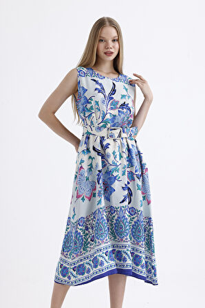 Kemer Detaylı Uzun Empirme  Viskon Jile Elbise | Elb35653 Saks Beyaz Kalpli