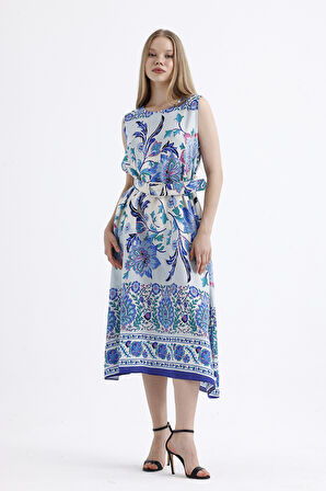 Kemer Detaylı Uzun Empirme  Viskon Jile Elbise | Elb35653 Saks Beyaz Kalpli