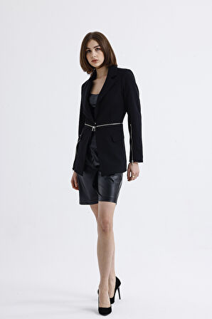 Astarlı Beli Ve Kollar Metal Fermuarlı Scuba Krep Ceket | CKT34819 Siyah