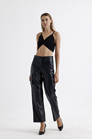 Kargo Cepli Suni Deri Pantolon | PNT35246 Siyah