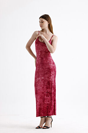 Yırtmaçlı Askılı Likralı Viskon Elbise | ELB35782 Bordo Batik