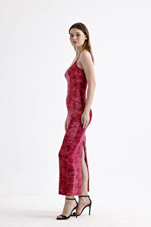 Yırtmaçlı Askılı Likralı Viskon Elbise | ELB35782 Bordo Batik