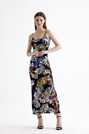 Yırtmaçlı Askılı Likralı Viskon Elbise | ELB35782 Büyük Yapraklı