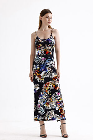 Yırtmaçlı Askılı Likralı Viskon Elbise | ELB35782 Büyük Yapraklı