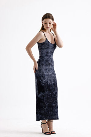 Yırtmaçlı Askılı Likralı Viskon Elbise | ELB35782 Siyah Batik