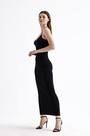 Yırtmaçlı Askılı Likralı Viskon Elbise | ELB35782 Siyah