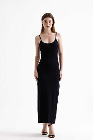 Yırtmaçlı Askılı Likralı Viskon Elbise | ELB35782 Siyah