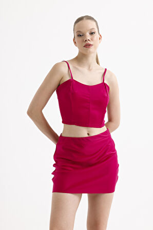 Sırtı Fermuarlı Plastik Askılı  Saten Balenli Bustiyer | Bust3577 Fuşya