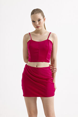 Sırtı Fermuarlı Plastik Askılı  Saten Balenli Bustiyer | Bust3577 Fuşya