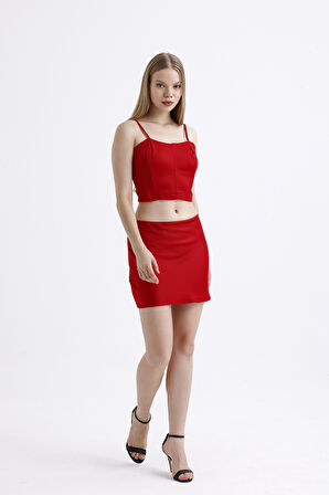 Sırtı Fermuarlı Plastik Askılı  Saten Balenli Bustiyer | Bust3577 Kırmızı