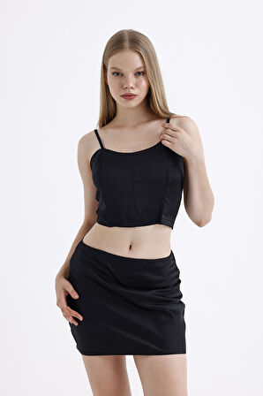 Sırtı Fermuarlı Plastik Askılı  Saten Balenli Bustiyer | Bust3577 Siyah