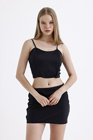 Sırtı Fermuarlı Plastik Askılı  Saten Balenli Bustiyer | Bust3577 Siyah