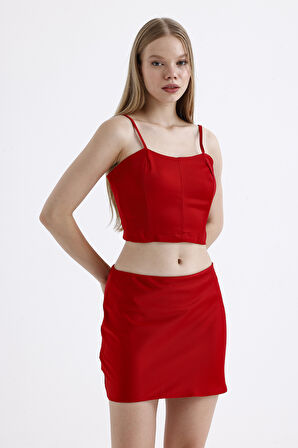 Beli Lastikli Saten Mini Etek | ETK35774 Kırmızı