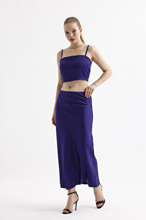 Beli Lastikli Kaliteli Z. Saten Uzun Etek | ETK35736 Saks