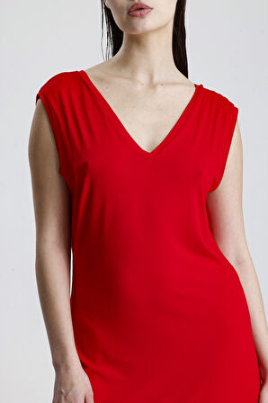 V Yaka Kolsuz Viskon Elbise | Elb35023 Kırmızı