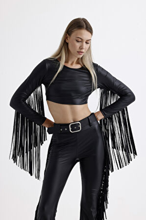 Crop Püskül Detaylı Uzun Kol  Suni Deri Bluz | Blz35780 Siyah