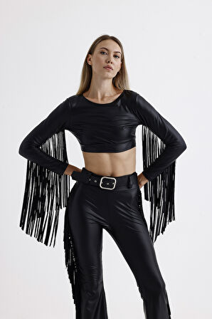 Crop Püskül Detaylı Uzun Kol  Suni Deri Bluz | Blz35780 Siyah