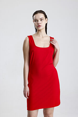 Kolsuz Likralı Baskılı Mini Viskon Elbise | ELB35735 Kırmızı