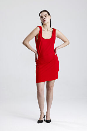 Kolsuz Likralı Baskılı Mini Viskon Elbise | ELB35735 Kırmızı