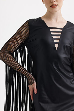 Ön Arka Lazer Kesim Kol Ve Arka Püsküllü Suni Deri Abiye Elbise | ELB35849 Siyah