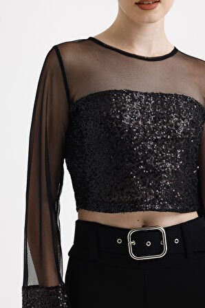 Kol Ucu Ve Ön-Arka Alt Payet Kol Ve Ön-Arka Üst Tül Uzun Kol  Abiye Bluz | Blz35741 Siyah