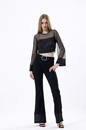 Kemer Detaylı Payetli Abiye Pantolon | PNT35805 Siyah