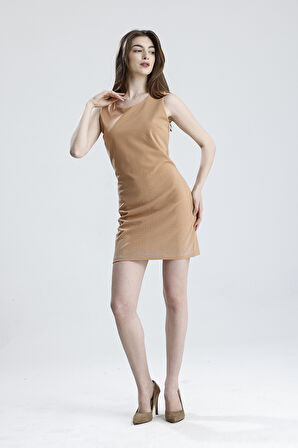 Yarım Astarlı Arkası Fermuarlı Taşlı Kolsuz Scuba Krep Abiye  Elbise | ELB35793 Bej