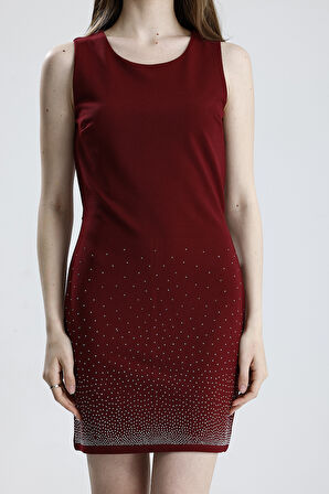 Yarım Astarlı Arkası Fermuarlı Taşlı Kolsuz Scuba Krep Abiye  Elbise | ELB35793 Bordo