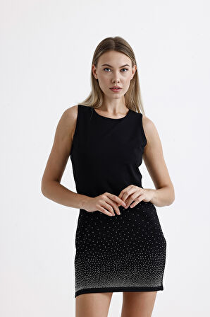 Yarım Astarlı Arkası Fermuarlı Taşlı Kolsuz Scuba Krep Abiye  Elbise | ELB35793 Siyah