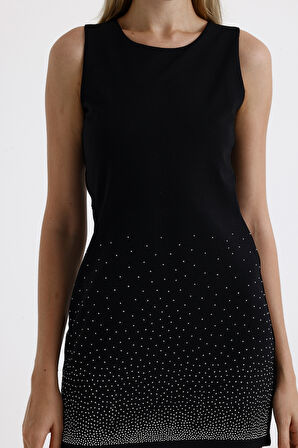 Yarım Astarlı Arkası Fermuarlı Taşlı Kolsuz Scuba Krep Abiye  Elbise | ELB35793 Siyah