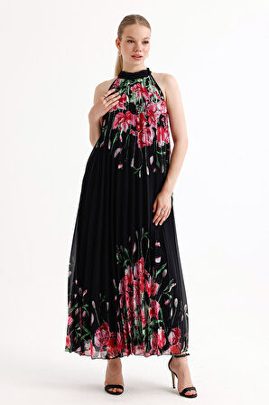 Astarlı Piliseli Uzun Abiye Desenli  Şifon Elbise | ELB35127SF Siyah Çiçekli