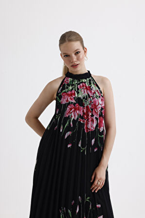 Astarlı Piliseli Uzun Abiye Desenli  Şifon Elbise | ELB35127SF Siyah Çiçekli