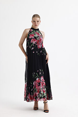 Astarlı Piliseli Uzun Abiye Desenli  Şifon Elbise | ELB35127SF Siyah Çiçekli