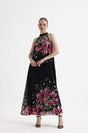 Astarlı Piliseli Uzun Abiye Desenli  Şifon Elbise | ELB35127SF Siyah Çiçekli