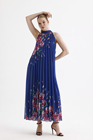 Astarlı Piliseli Uzun Abiye Desenli  Şifon Elbise | ELB35127SF Saks Çiçekli