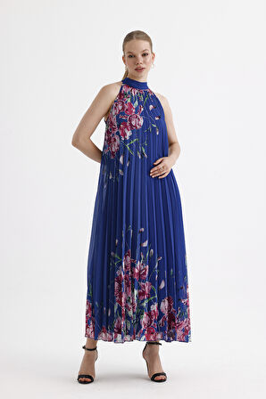 Astarlı Piliseli Uzun Abiye Desenli  Şifon Elbise | ELB35127SF Saks Çiçekli