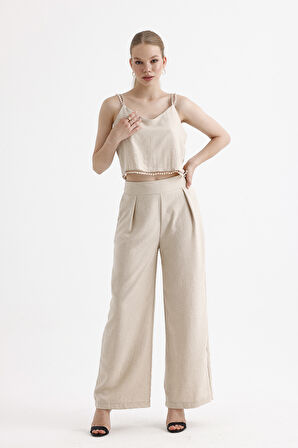 İnci Detaylı Bluz Pantolon  2'Li Takım | Tkm35863 Bej