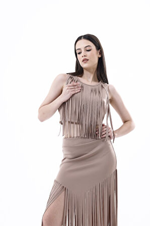 Arkası Fermuarlı Önü Püsküllü Scuba Bustiyer | Bst35811 Taş