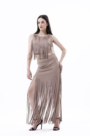 Arkası Fermuarlı Önü Püsküllü Scuba Bustiyer | Bst35811 Taş