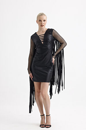 Ön Arka Lazer Kesim Kol Ve Arka Püsküllü Suni Deri Abiye Elbise | ELB35849 Siyah