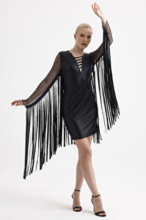 Ön Arka Lazer Kesim Kol Ve Arka Püsküllü Suni Deri Abiye Elbise | ELB35849 Siyah