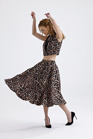 Astarlı Beli Lastikli Leopar Desenli Diz Altı Kloş Etek | ETK35937 Kahve Siyah Leopar
